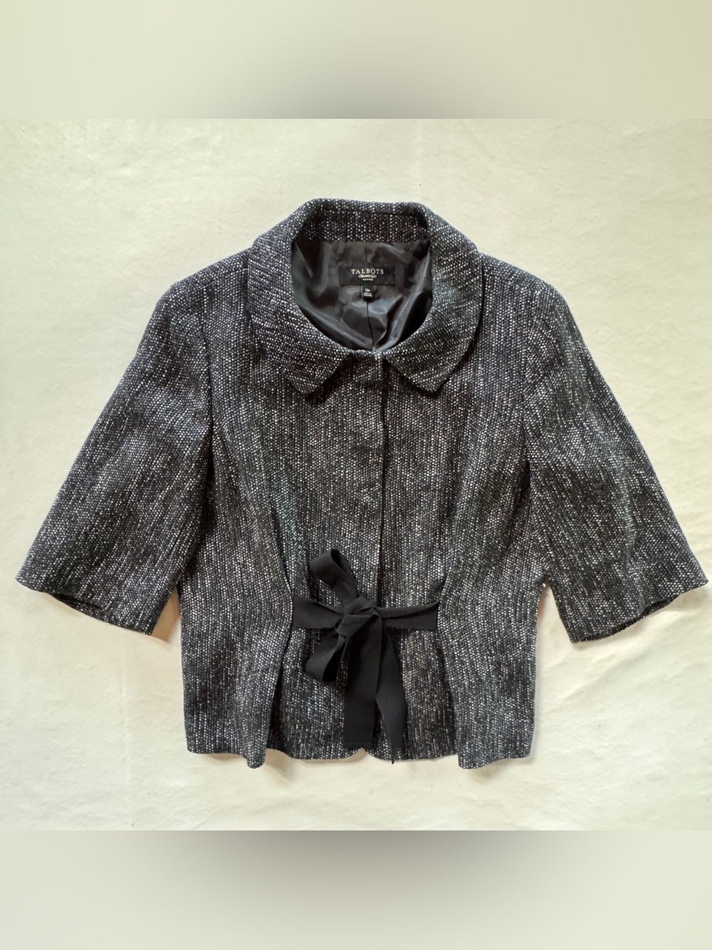 Talbots Black White Tweed Cropped Jacket 3/4 Sleeves Lined Tie Belt (12P) - Picture 7 of 17